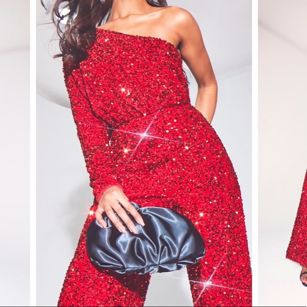 Red Premium Sequin One Shoulder Wide Leg Jumpsuit